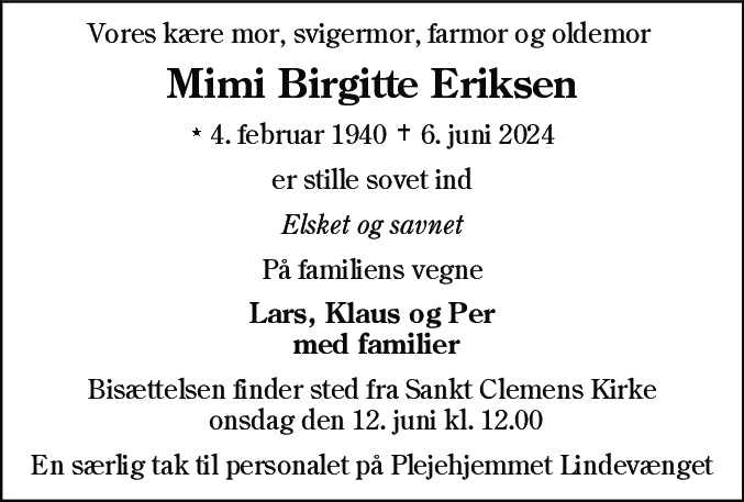 Dødsannonce for Mimi Birgitte Eriksen