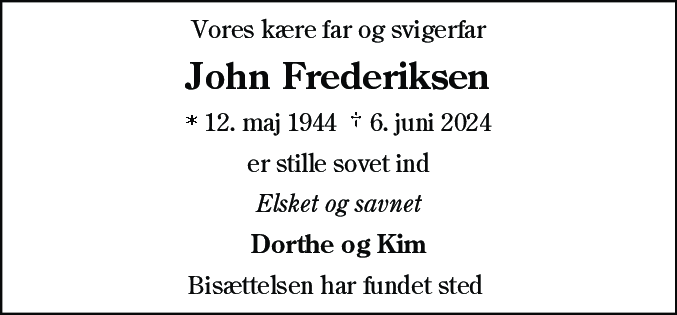Dødsannonce for John Frederiksen