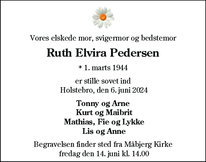 Dødsannonce for Ruth Elvira Pedersen
