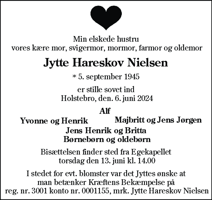 Dødsannonce for Jytte Hareskov Nielsen
