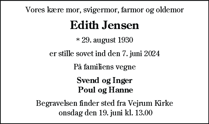 Dødsannonce for Edith Jensen