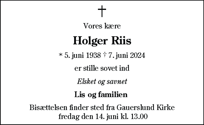 Dødsannonce for Holger Riis