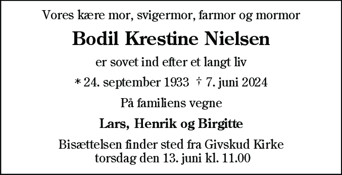 Dødsannonce for Bodil Krestine Nielsen