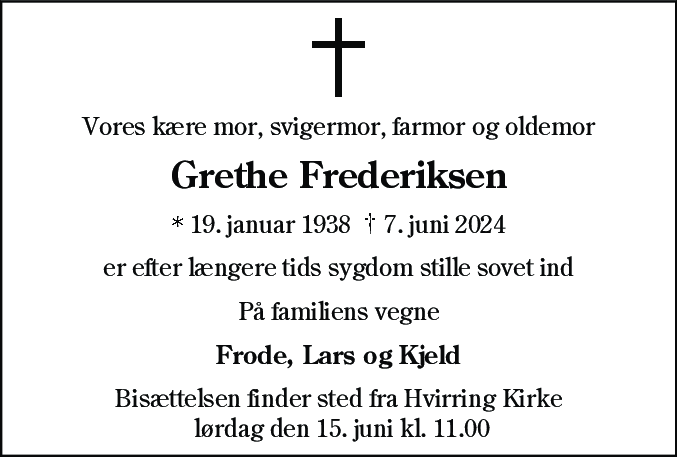 Dødsannonce for Grethe Frederiksen