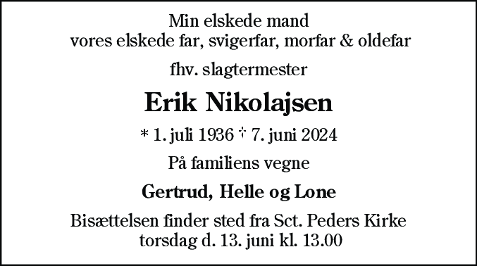 Dødsannonce for Erik Nikolajsen