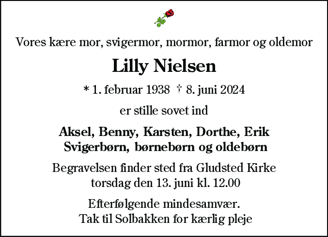 Dødsannonce for Lilly Nielsen