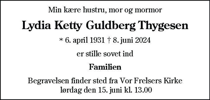 Dødsannonce for Lydia Ketty Guldberg Thygesen