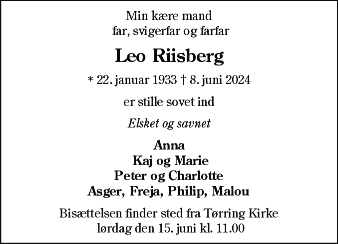 Dødsannonce for Leo Riisberg