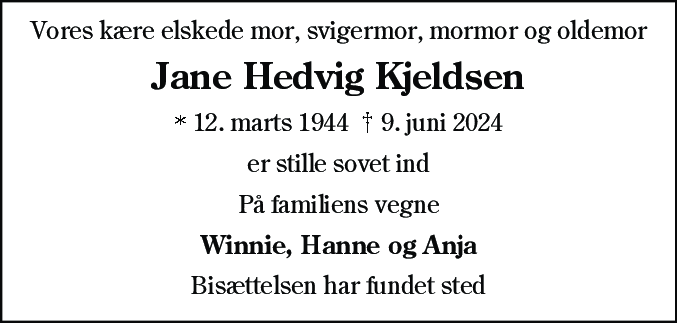Dødsannonce for Jane Hedvig Kjeldsen