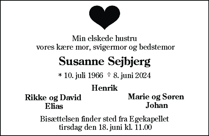 Dødsannonce for Susanne Sejbjerg