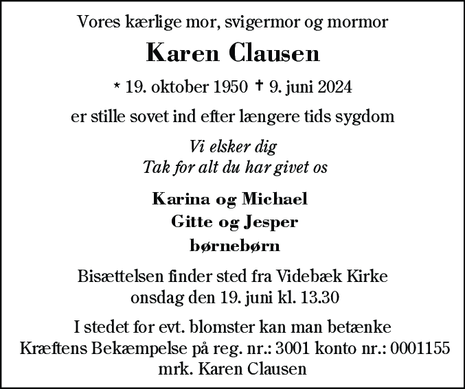 Dødsannonce for Karen-Margrethe Clausen