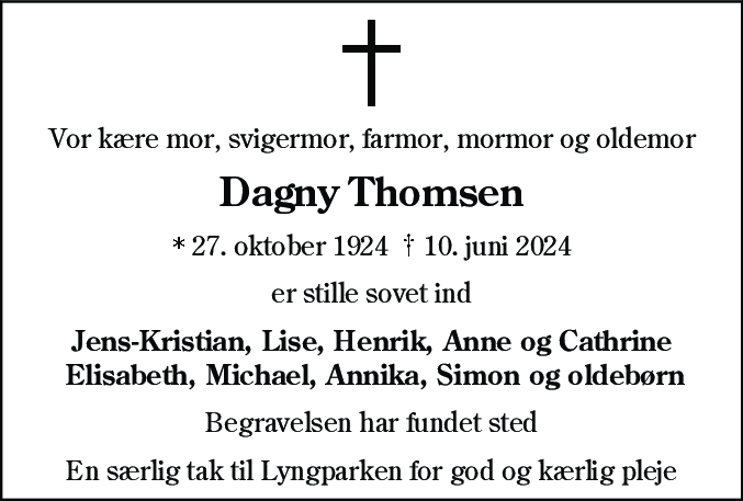 Dødsannonce for Dagny Thomsen