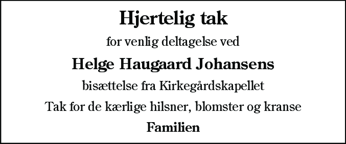 Dødsannonce for Helge Haugaard Johansen
