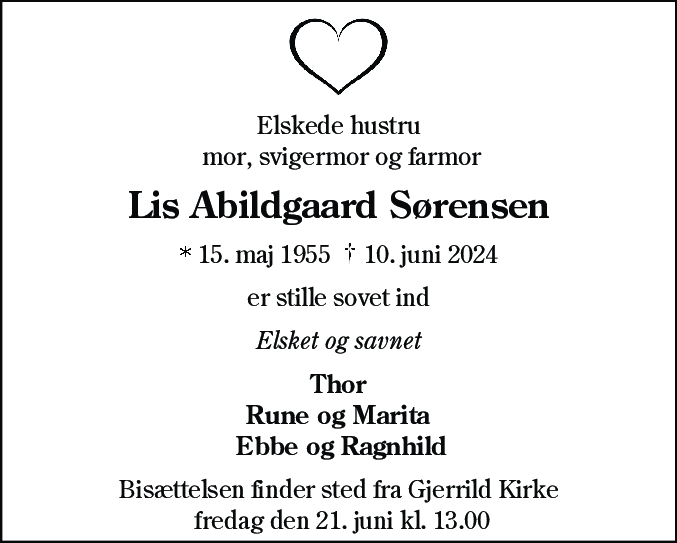 Dødsannonce for Lis Abildgaard Sørensen