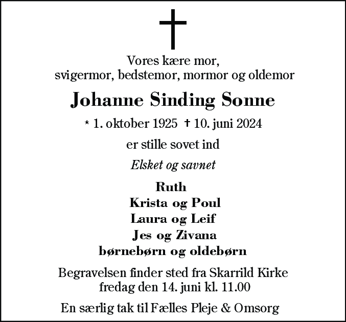 Dødsannonce for Johanne Sinding Sonne