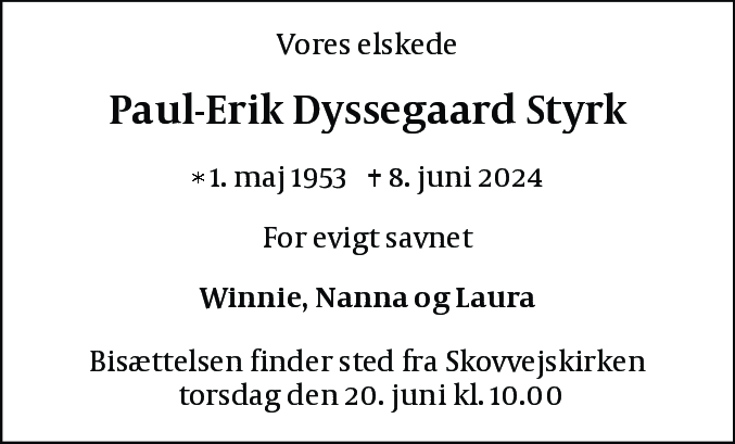 Dødsannonce for Paul-Erik Styrk