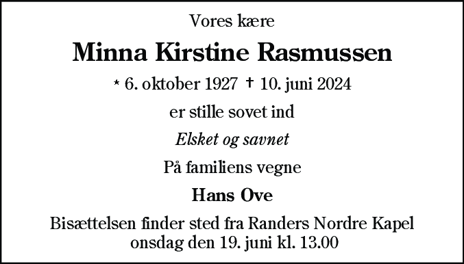 Dødsannonce for Minna Kirstine Rasmussen
