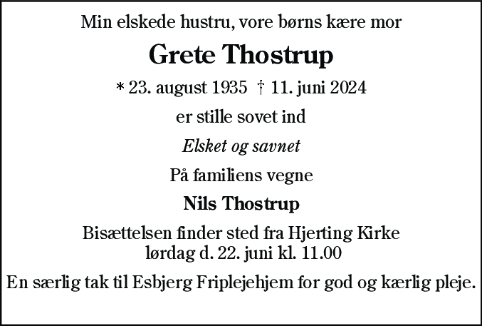 Dødsannonce for Grete Thostrup