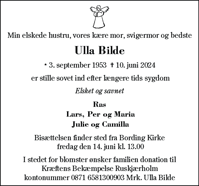 Dødsannonce for Ulla Bilde