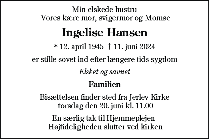 Dødsannonce for Ingelise Hansen