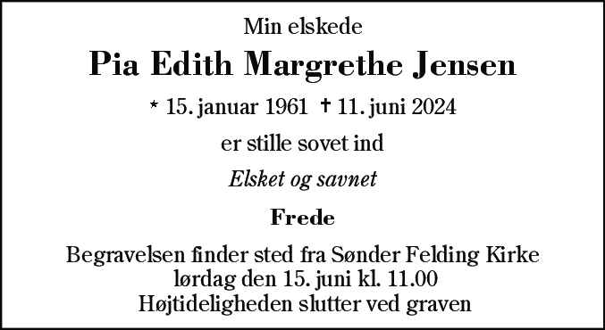 Dødsannonce for Edith Margrethe Pia Jensen