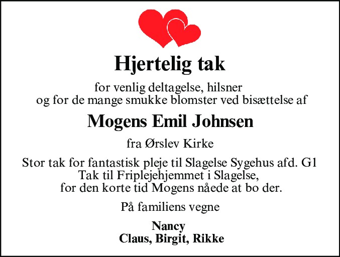 Dødsannonce for Mogens Emil Johnsen