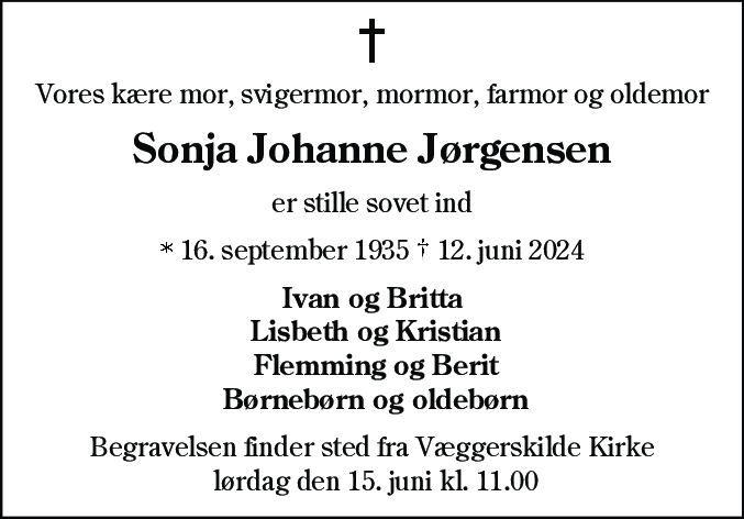 Dødsannonce for Sonja Johanne Jørgensen