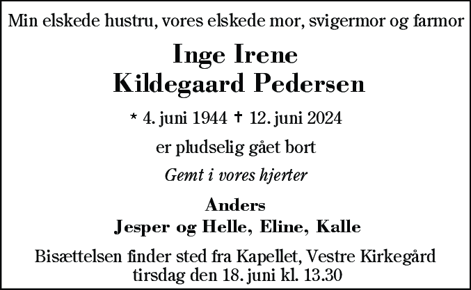 Dødsannonce for Inge Irene Pedersen
