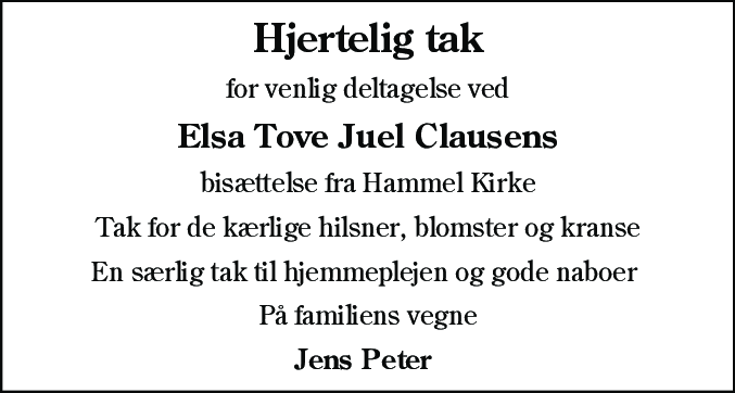 Dødsannonce for Elsa Tove Juel Clausen