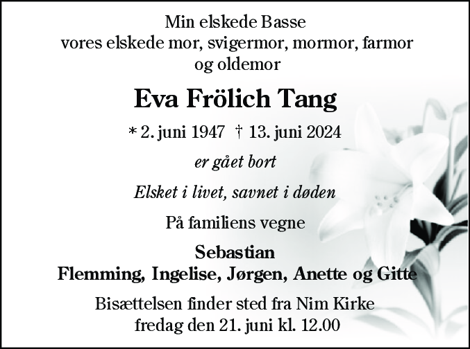 Dødsannonce for Eva Frolich Tang