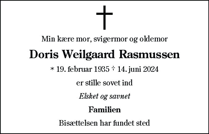 Dødsannonce for Doris Weilgaard Rasmussen