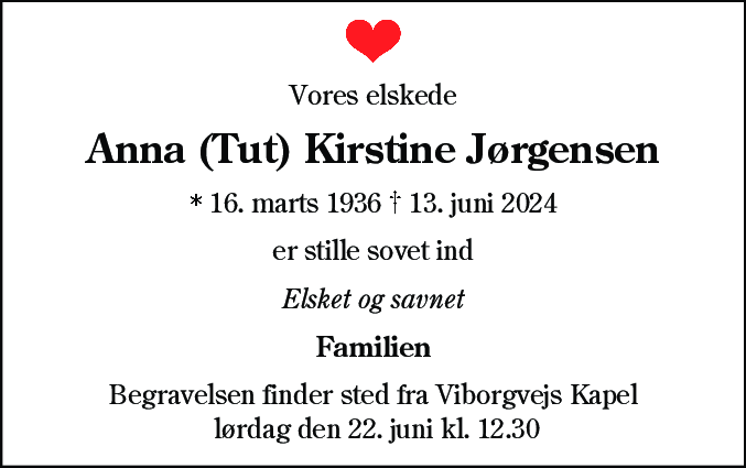 Dødsannonce for Anna Kirstine Jørgensen