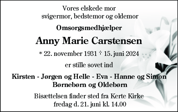 Dødsannonce for Anny Marie Carstensen