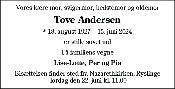 Dødsannonce for Tove Andersen