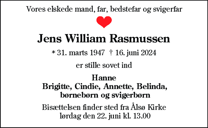 Dødsannonce for Jens William Rasmussen