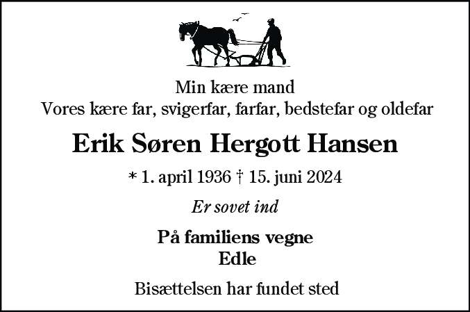 Dødsannonce for Erik Søren Hergott Hansen