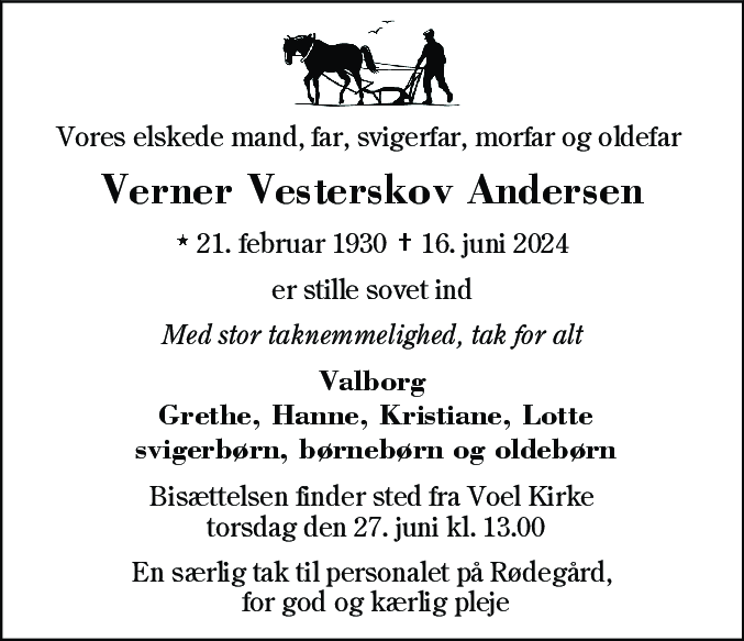Dødsannonce for Verner Vesterskov Andersen