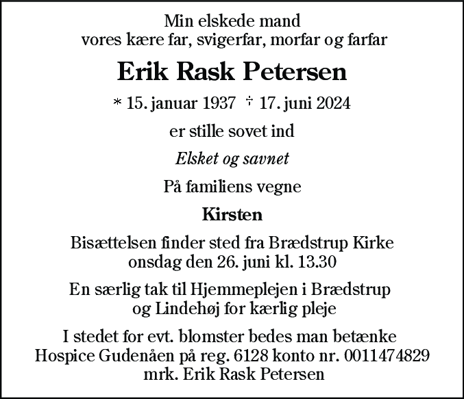 Dødsannonce for Erik Rask Petersen