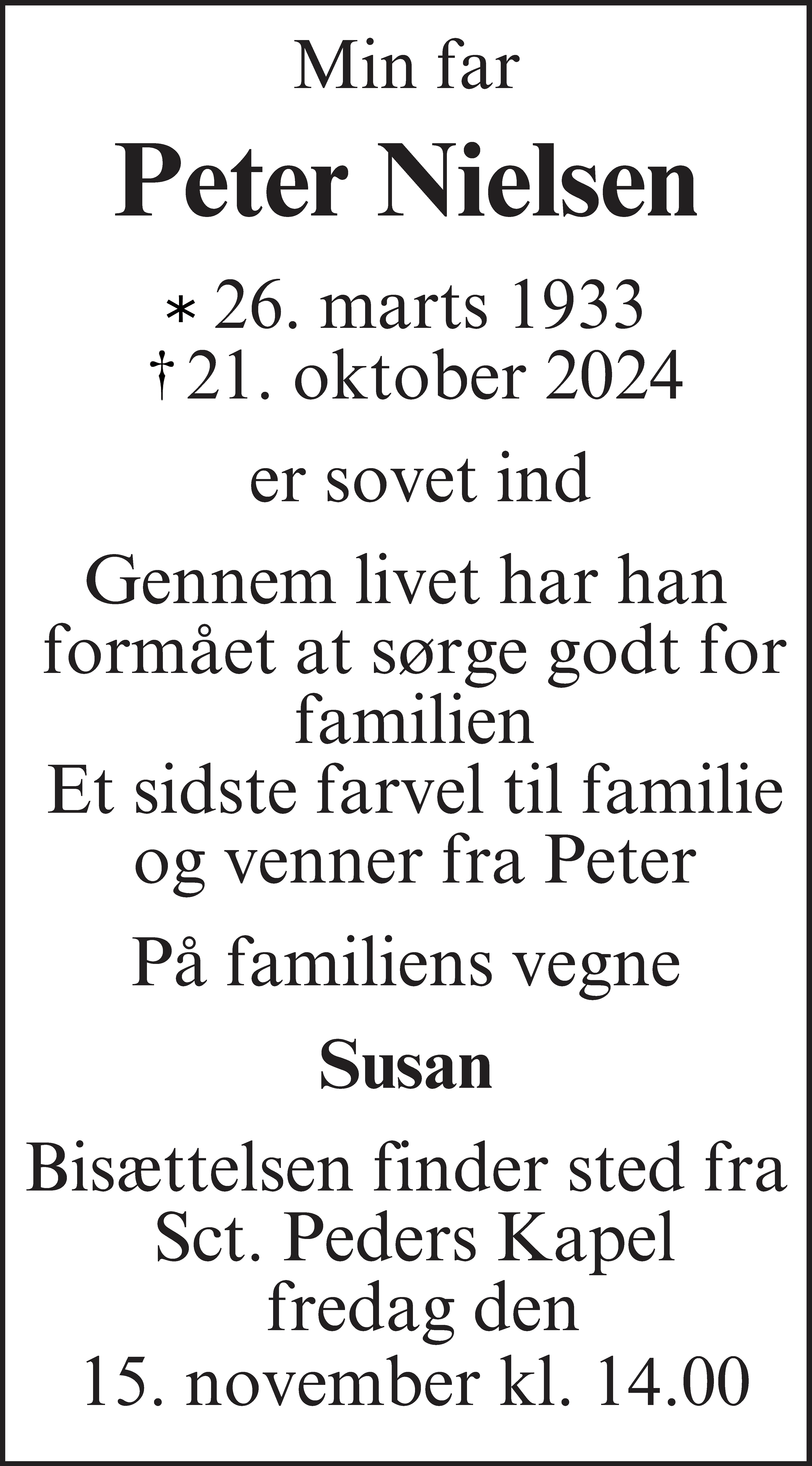 Dødsannonce for Peter Nielsen