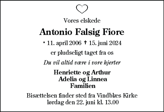 Dødsannonce for Antonio Falsig Fiore