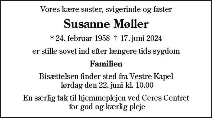 Dødsannonce for Susanne Møller