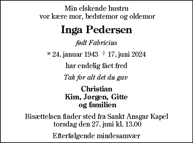 Dødsannonce for Inga Pedersen
