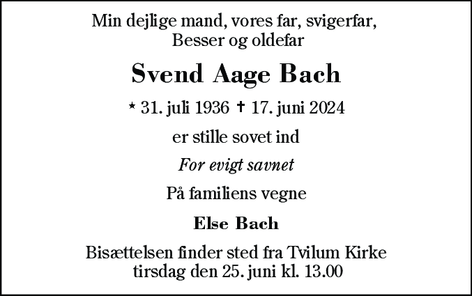Dødsannonce for Svend Aage Skovborg Bach
