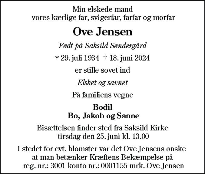 Dødsannonce for Ove Jensen