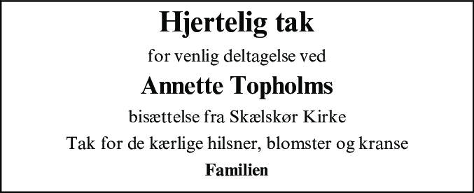 Dødsannonce for Annette Topholm