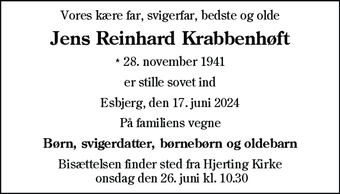 Dødsannonce for Jens Reinhard Krabbenhøft