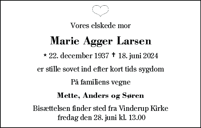 Dødsannonce for Marie Agger Larsen