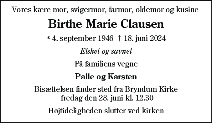 Dødsannonce for Birthe Marie Clausen