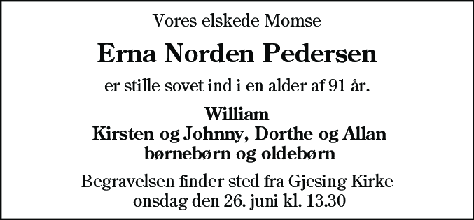 Dødsannonce for Erna Norden Pedersen