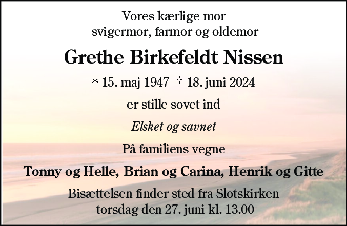 Dødsannonce for Grethe Birkefeldt Nissen